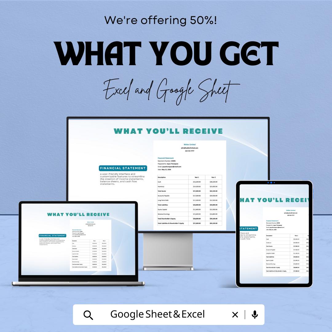Financial Statement Sheet | Excel & Google Sheet Template | Business Financial Reporting Tool