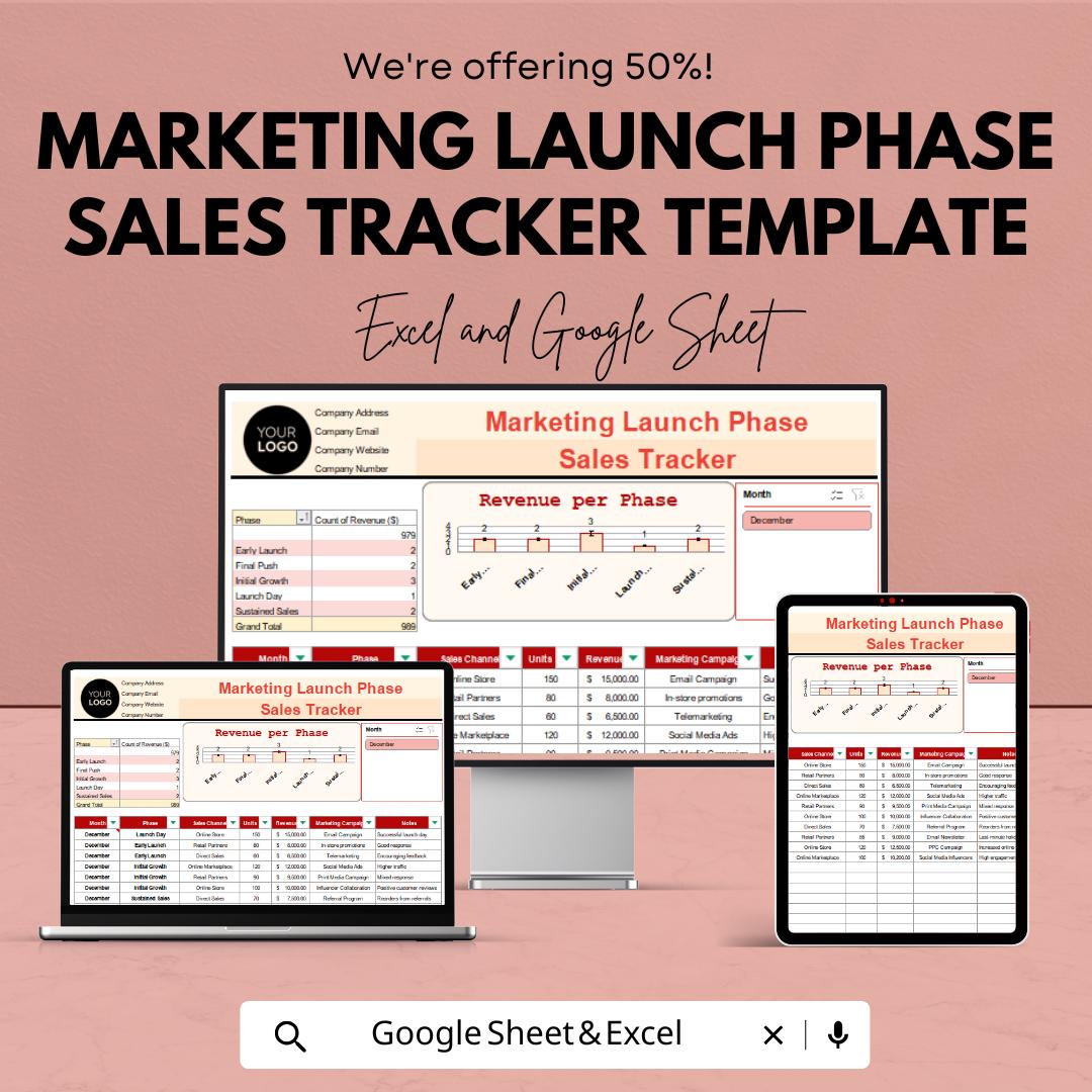 Marketing Launch Phase Sales Tracker Template | Product Launch Sales Dashboard | Excel & Google Sheets Marketing Tracker