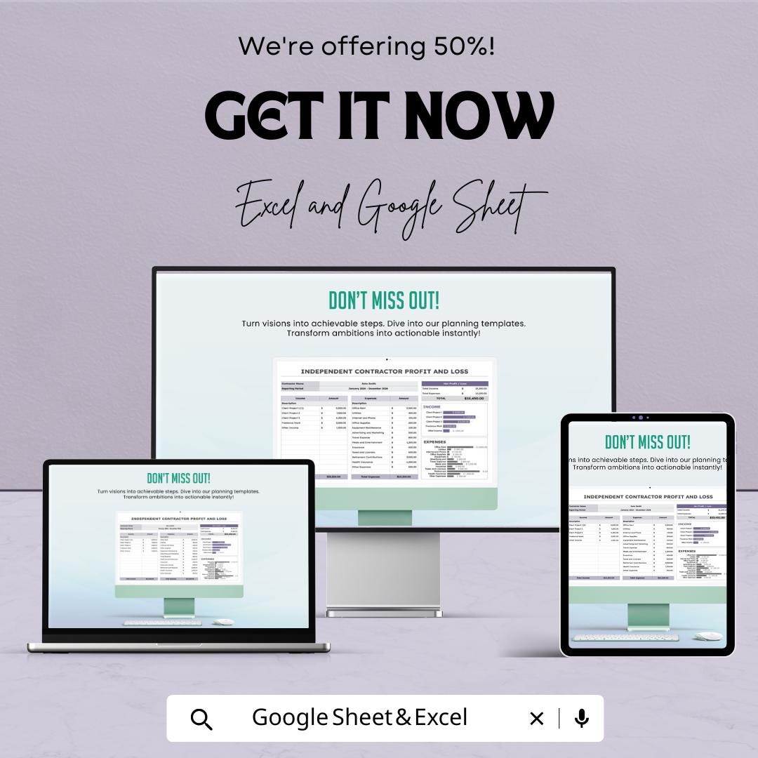 Independent Contractor Profit and Loss Sheet | Google Sheets Template | Income and Expense Tracker | Tax Preparation & Financial Planning |