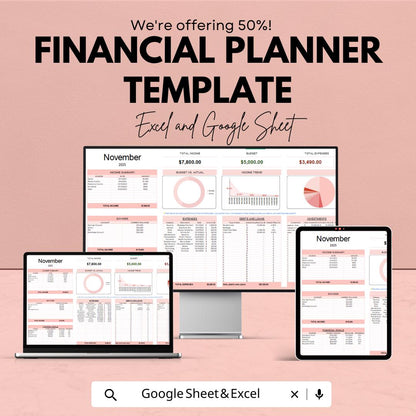 Financial Planner Template | Monthly Budget Spreadsheet | Income Expense Tracker | Personal Finance Sheet
