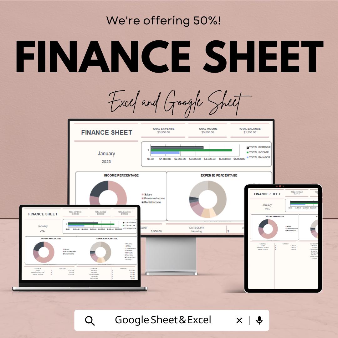 Finance Sheet | Personal and Business Budget Tracker | Excel and Google Sheet Template with Income & Expense Categories