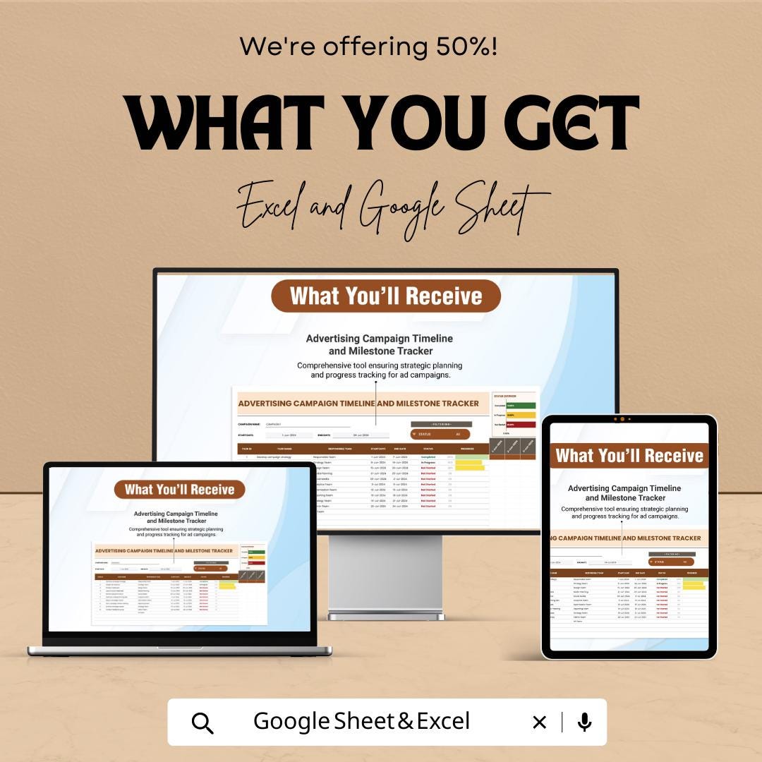 Advertising Campaign Timeline and Milestone Tracker Template, Marketing Timeline Spreadsheet, Campaign Planner Excel,  Ad Campaign Schedule