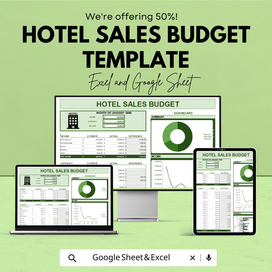 Hotel Sales Budget Template Excel & Google Sheets | Hospitality Revenue Tracker | Hotel Expense and Income Dashboard | Monthly Sales Planner