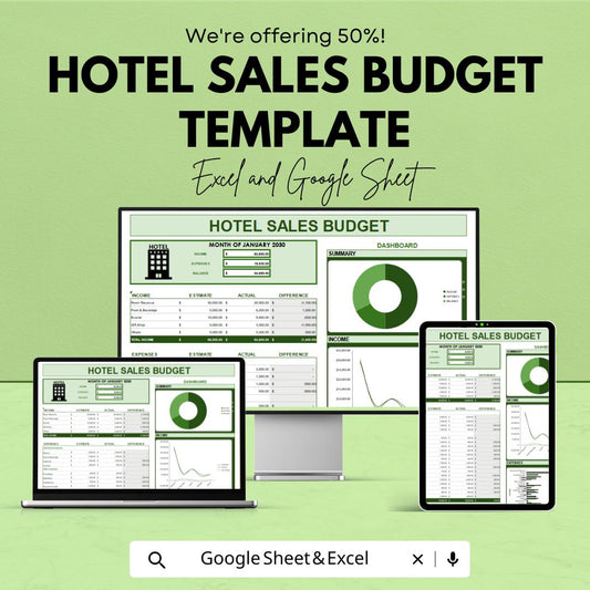 Hotel Sales Budget Template Excel & Google Sheets | Hospitality Revenue Tracker | Hotel Expense and Income Dashboard | Monthly Sales Planner