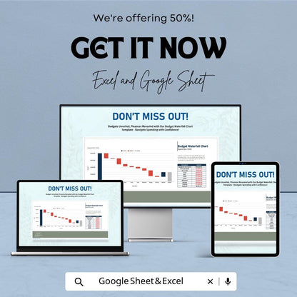 Budget Waterfall Chart Template | Waterfall Chart Spreadsheet | Budget Analysis Template | Excel & Google Sheets | Income Expense