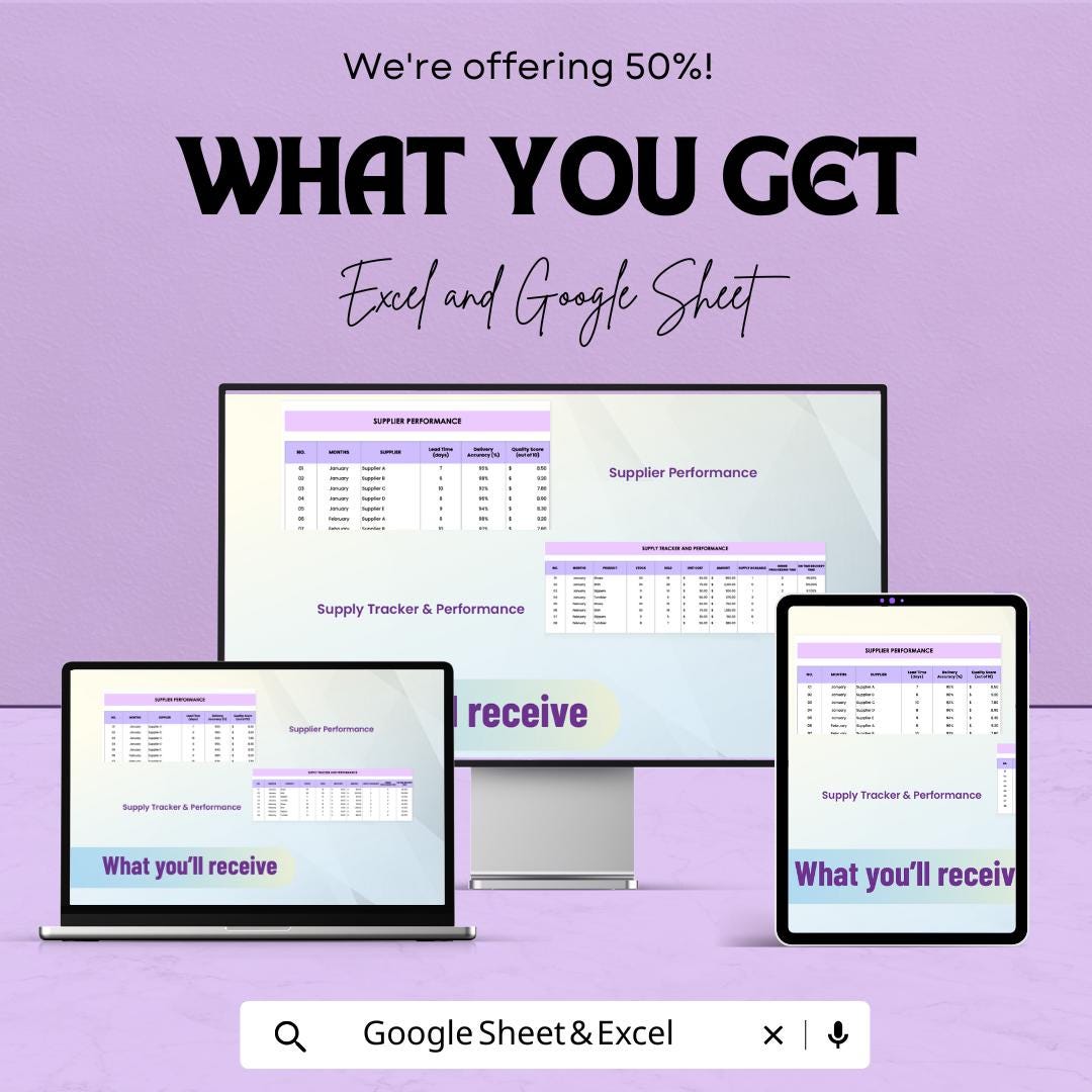 Supply Chain Dashboard Sheet | Excel & Google Sheets | Inventory KPI Tracker | Supplier Report | Logistics Metrics | Automated Charts