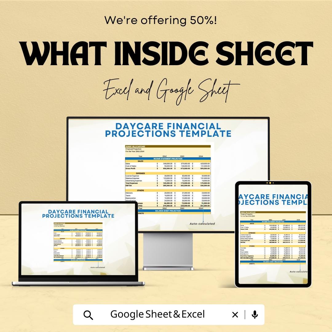 Daycare Financial Projections Template | Childcare Business Budget Spreadsheet | Excel & Google Sheets Financial Plan | Profit Forecast Tool