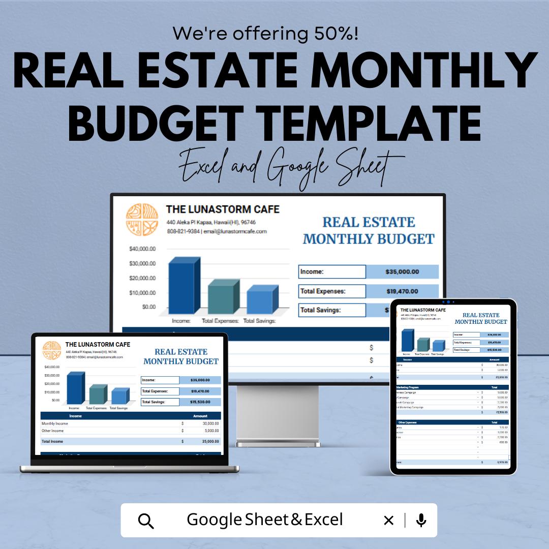 Real Estate Monthly Budget Template |  Property Budget Planner | Rental Income & Expense Tracker | Real Estate Spreadsheet