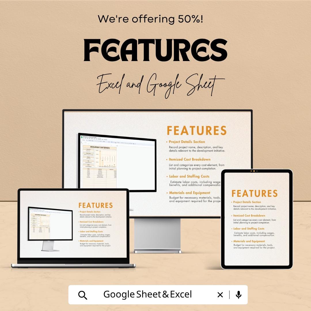 Development Cost Estimate Template | Project Budget Spreadsheet | Construction Cost Calculator | Excel & Google Sheets | Business Budget