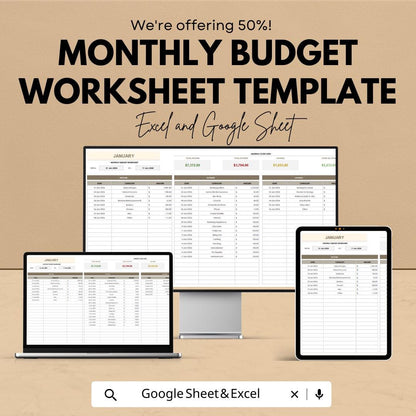 Monthly Budget Worksheet Template | Monthly Budget Worksheet | Excel and Google Sheets Budget Planner | Personal & Business Budget Tool