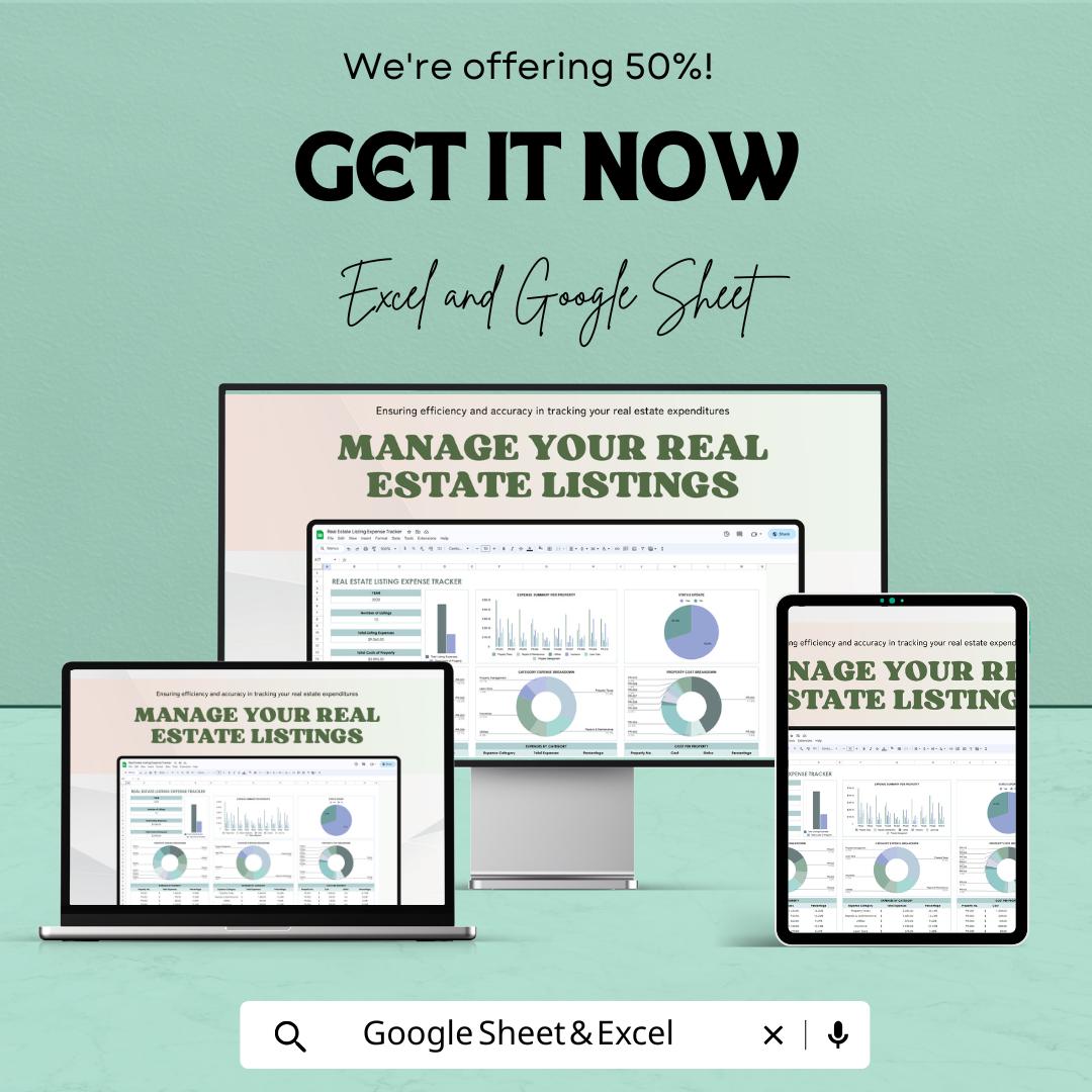 Real Estate Listing Expense Tracker Template, Property Expense Spreadsheet, Realtor Budget Tracker, Excel & Google Sheets