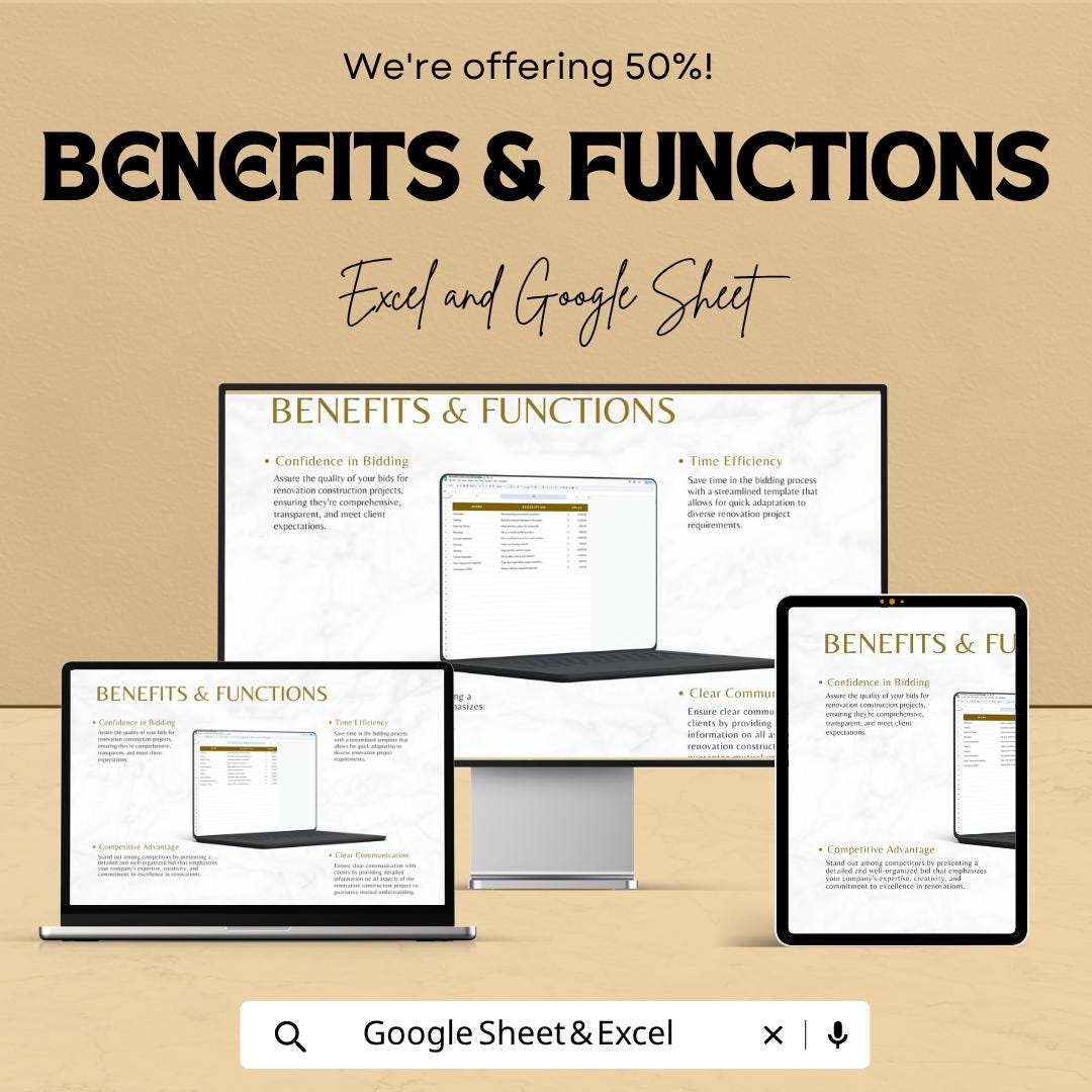 Renovation Construction Bid Template | Construction Bid Spreadsheet | Contractor Proposal Template | Excel & Google Sheets |