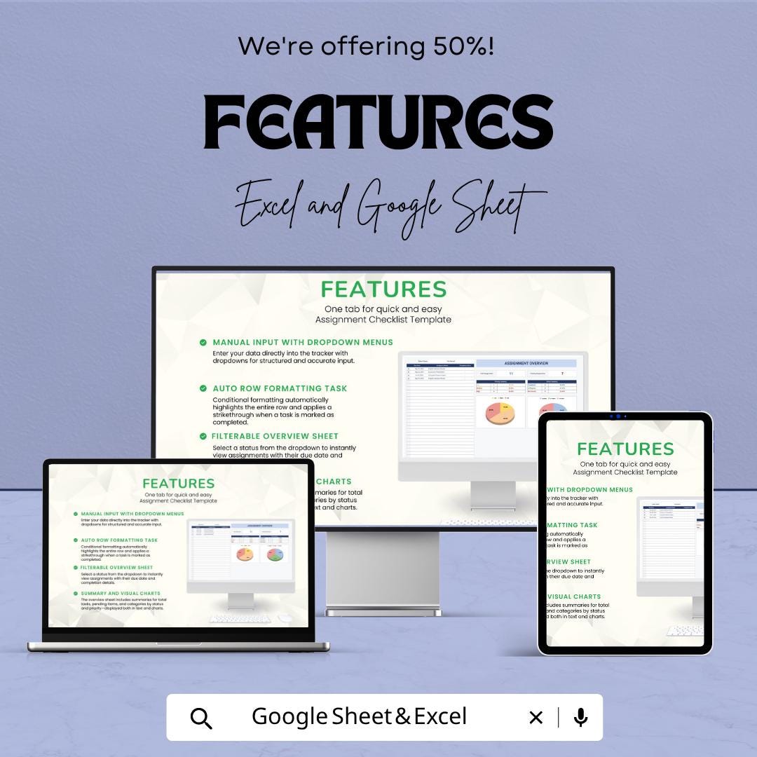 Assignment Checklist Template | Student Assignment Tracker | Homework Planner Spreadsheet | Excel & Google Sheets Checklist |