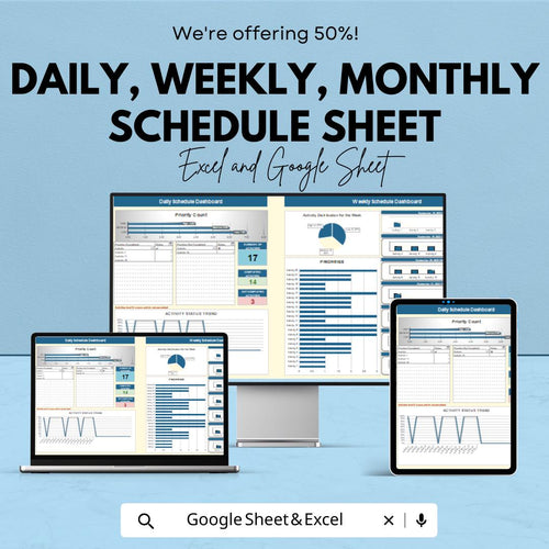Daily, Weekly, Monthly Schedule Template - Excel & Google Sheet, Customizable Planner, Task Tracker, Time Management