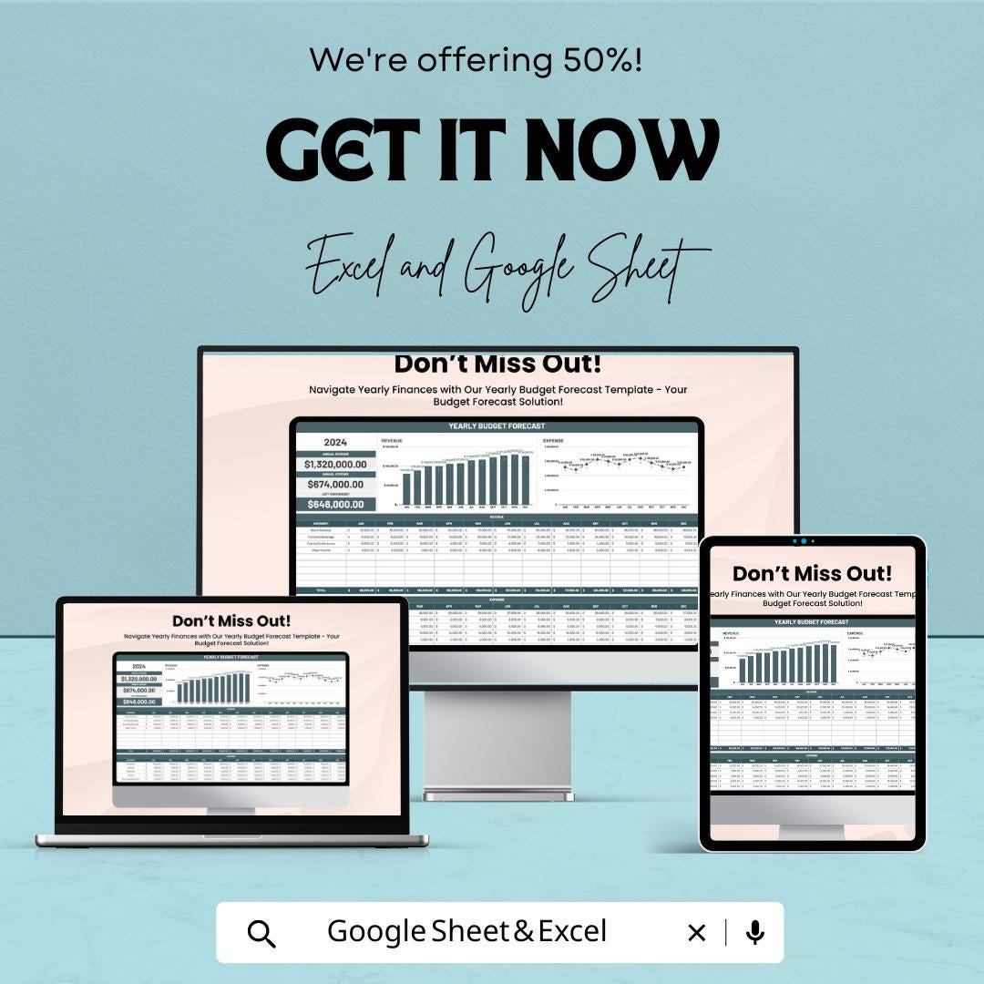 Yearly Budget Forecast Template, Annual Budget Planner, Excel & Google Sheets Budget Spreadsheet, Business Finance Tracker