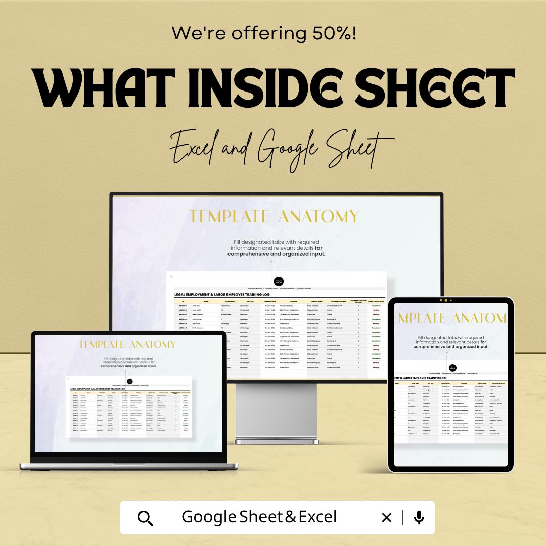 Employee Training Log Template Excel | HR Training Tracker Spreadsheet | Compliance Training Record | Employee Training Sheet |