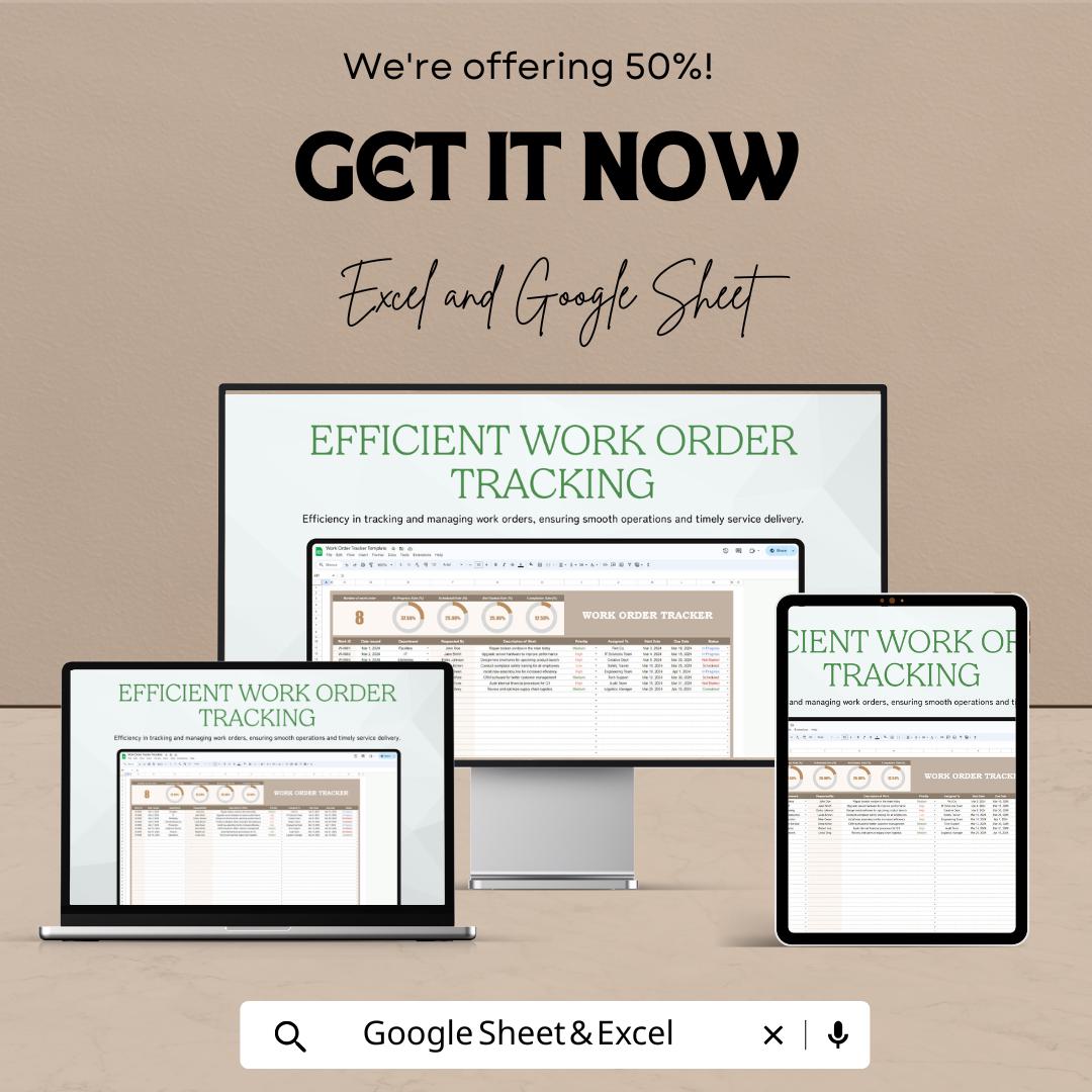 Work Order Tracker Template | Excel & Google Sheets Maintenance Log | Job Order Management Dashboard
