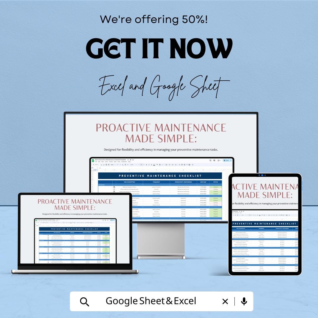 Blank Preventive Maintenance Checklist Sheet for Excel & Google Sheets | Task Management Template | Preventive Maintenance Planner |