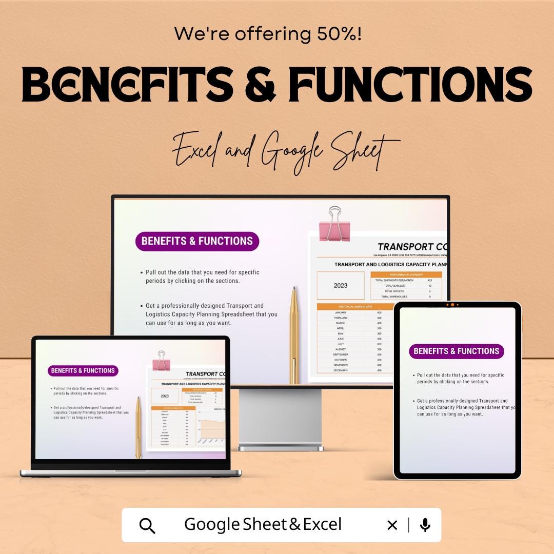 Transport and Logistics Capacity Planning Spreadsheet Template | Excel & Google Sheets | Demand Forecasting Dashboard