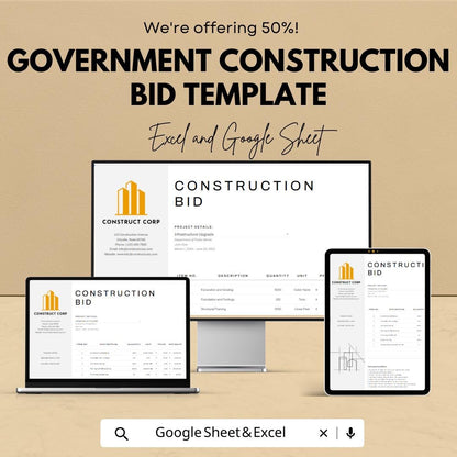 Government Construction Bid Template Excel | Contractor Bid Proposal Template | Construction Cost Estimate Spreadsheet |  Bid Template