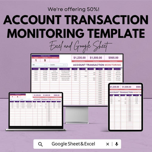 Account Transaction Monitoring Template | Financial Activity Log | Real-Time Account Tracking Spreadsheet | Audit & Compliance Tool