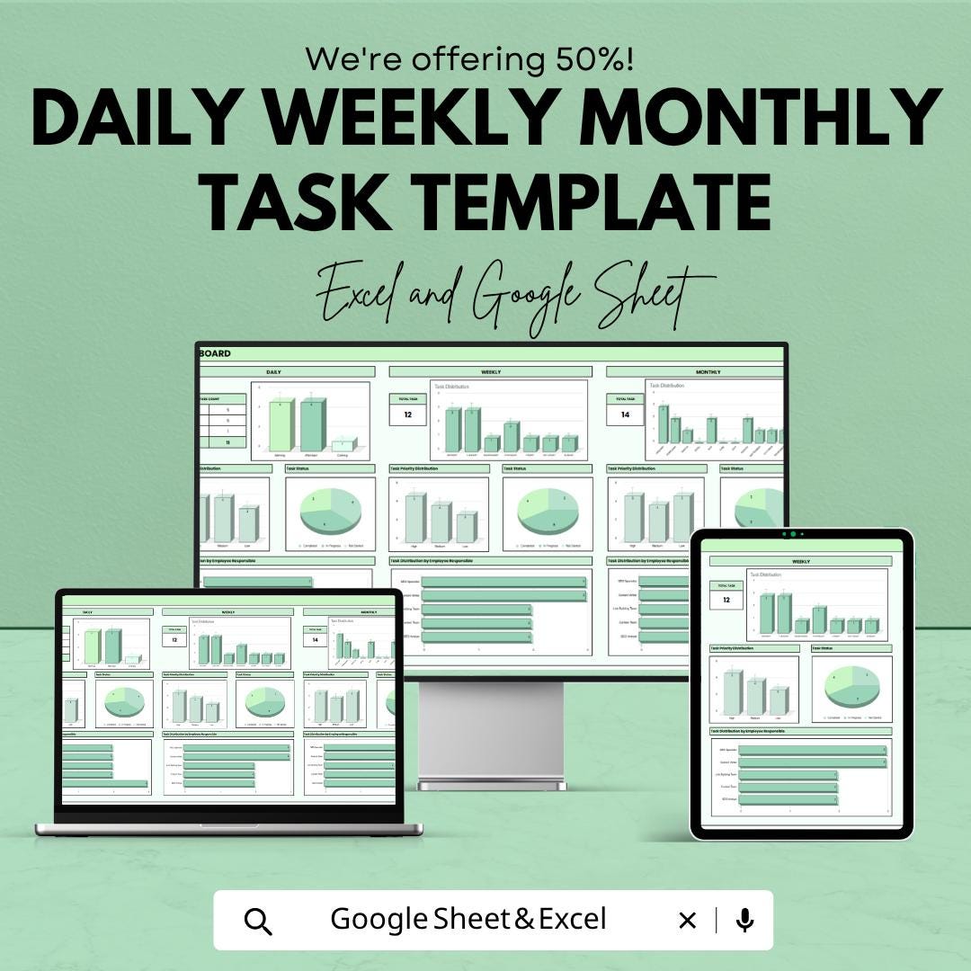 Daily Weekly Monthly Task Template | Google Sheets Planner | Excel Task Tracker | Productivity Dashboard | Project Management Spreadsheet