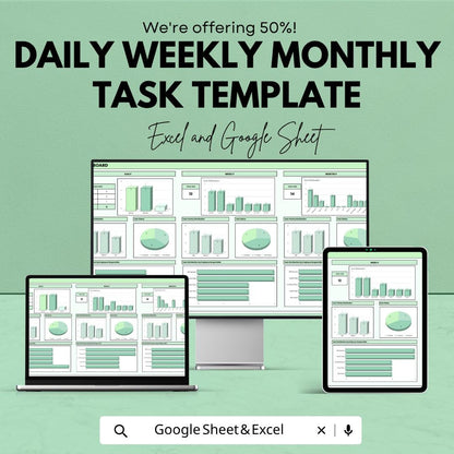 Daily Weekly Monthly Task Template | Google Sheets Planner | Excel Task Tracker | Productivity Dashboard | Project Management Spreadsheet
