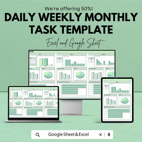 Daily Weekly Monthly Task Template | Google Sheets Planner | Excel Task Tracker | Productivity Dashboard | Project Management Spreadsheet