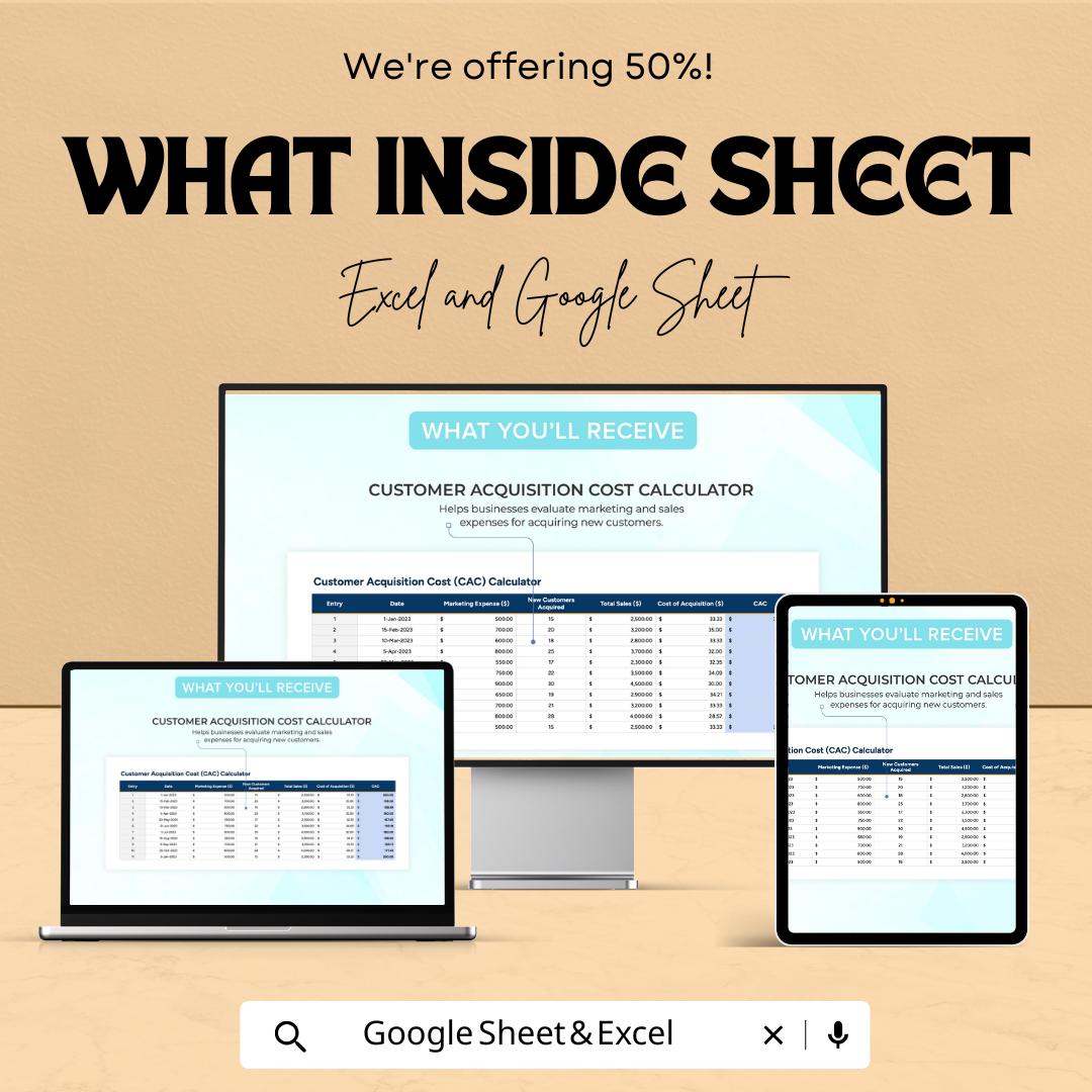 Startup Customer Acquisition Cost CAC Calculator Template | Marketing ROI Spreadsheet | Excel & Google Sheets CAC Analysis