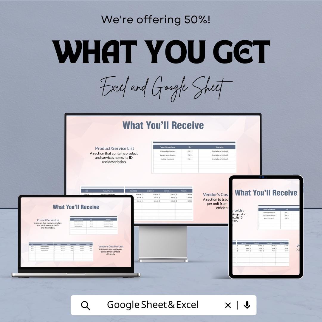 Vendor Financial Cost Comparison Template | Vendor Pricing Analysis | Cost Comparison Sheet | Excel & Google Sheets | Supplier Cost Tracker