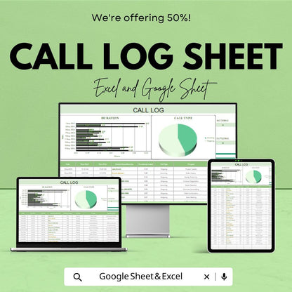 Call Log Sheet | Google Sheets & Excel Template | Client Call Tracker with Duration Graph, Call Type Chart, CRM Log for Business