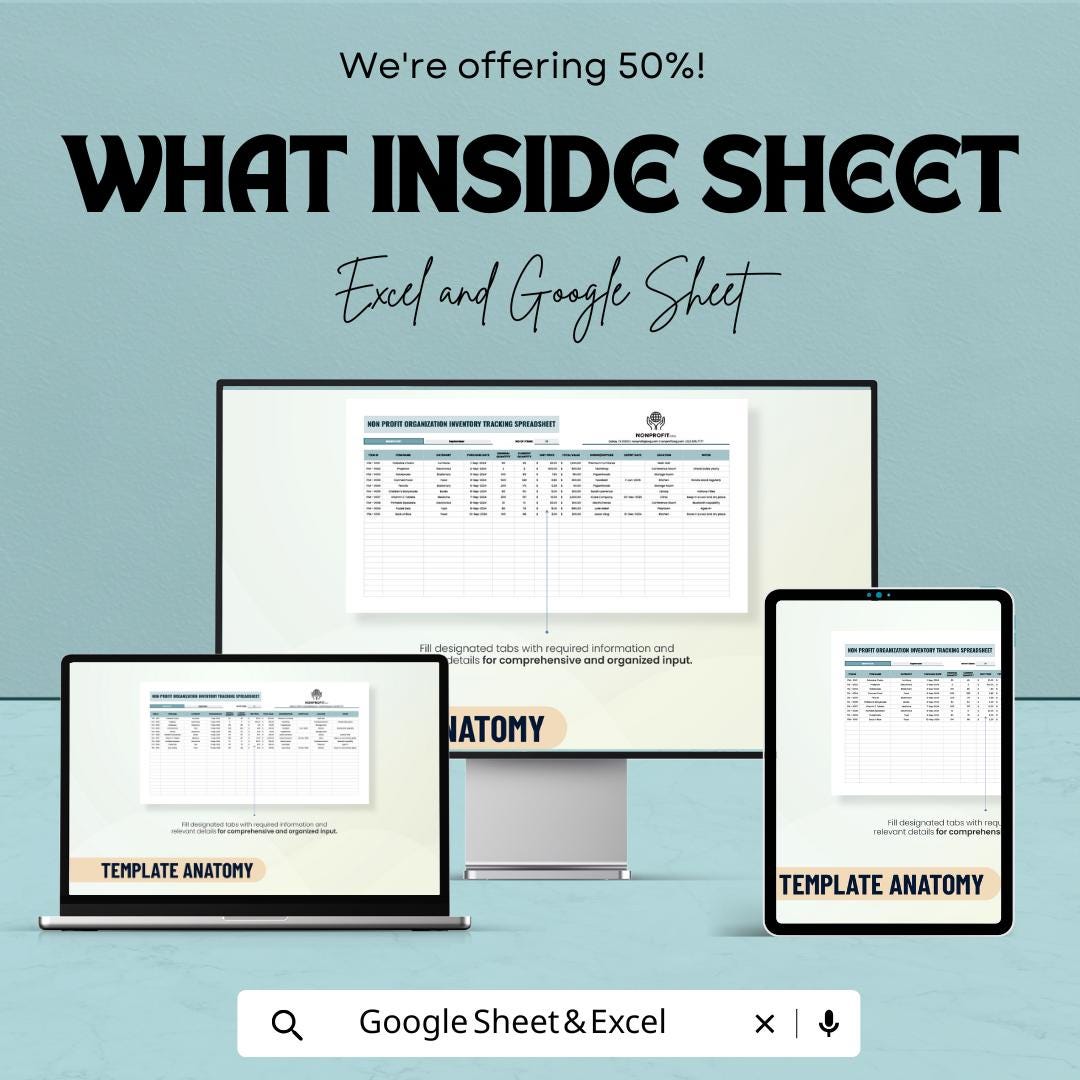 Nonprofit Organization Inventory Tracking Spreadsheet - Excel & Google Sheets Template for Resource Management