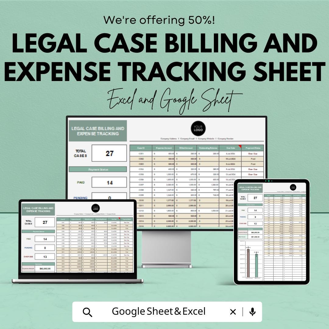 Legal Case Billing and Expense Tracking Sheet | Legal Finance Template | Excel & Google Sheets | Law Firm Billing Tracker