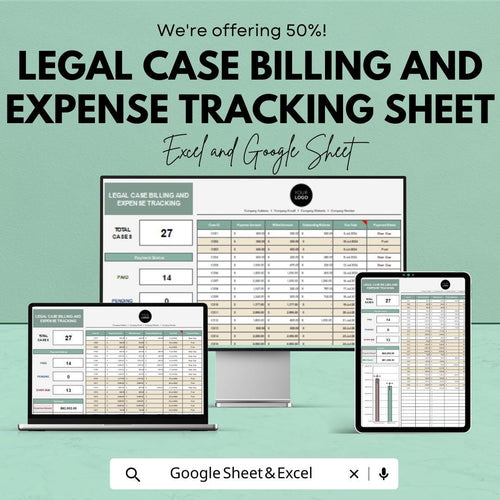Legal Case Billing and Expense Tracking Sheet | Legal Finance Template | Excel & Google Sheets | Law Firm Billing Tracker