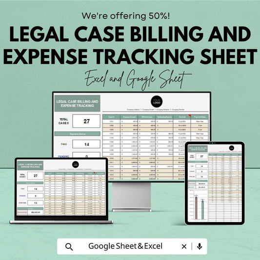 Legal Case Billing and Expense Tracking Sheet | Legal Finance Template | Excel & Google Sheets | Law Firm Billing Tracker