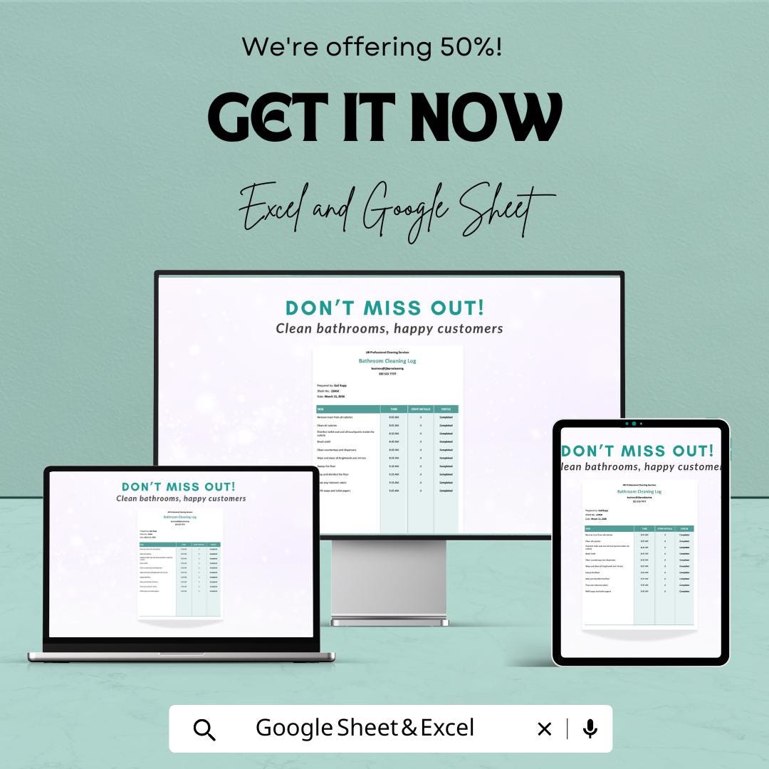 Bathroom Cleaning Log Sheet | Excel & Google Sheets Template | Hygiene Maintenance Tracker