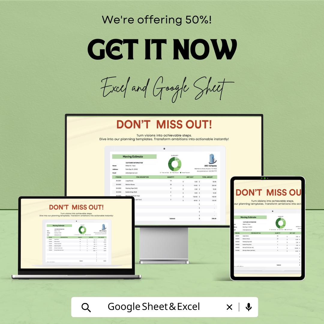 Moving Estimate Sheet - Excel and Google Sheets | Moving Cost Calculator | Moving Estimate Template | Household & Office Move | 50% OFF
