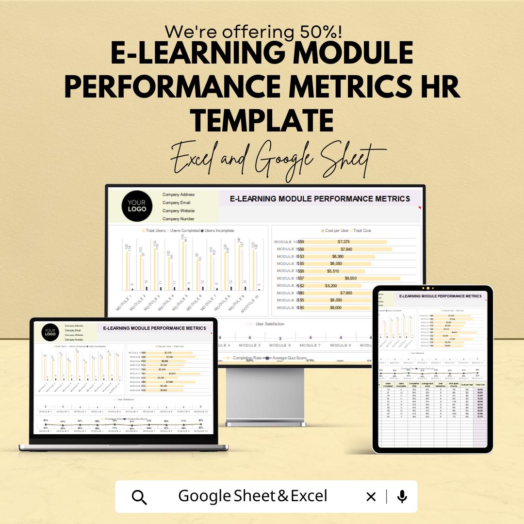 E-Learning Module Performance Metrics HR Template | Training Evaluation Dashboard | LMS Analytics Spreadsheet | Excel & Google Sheets
