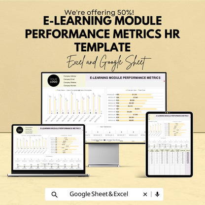 E-Learning Module Performance Metrics HR Template | Training Evaluation Dashboard | LMS Analytics Spreadsheet | Excel & Google Sheets