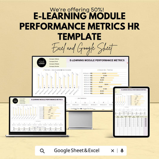 E-Learning Module Performance Metrics HR Template | Training Evaluation Dashboard | LMS Analytics Spreadsheet | Excel & Google Sheets