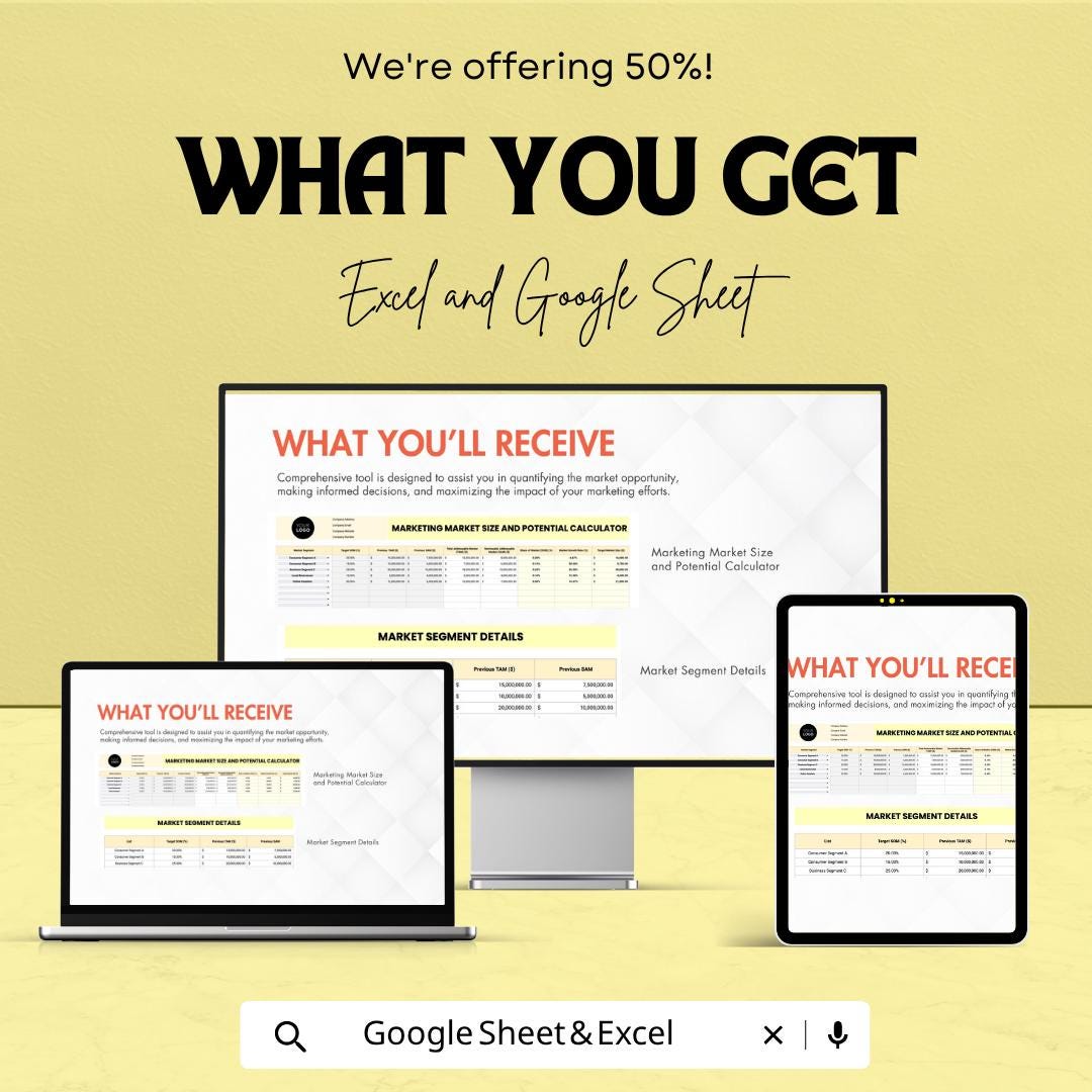 Marketing Market Size Calculator Template | Market Analysis Spreadsheet | TAM SAM SOM Calculator | Business Planning Tool