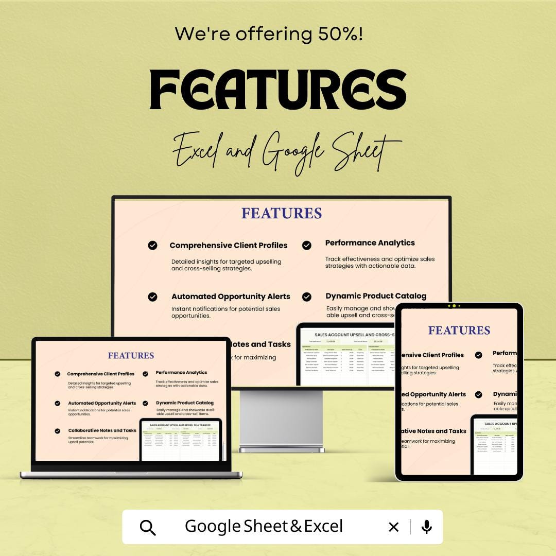 Sales Account Upsell and Cross-Sell Tracker Template | Sales Management Spreadsheet | Excel & Google Sheets CRM Tool | Growth Tracker |