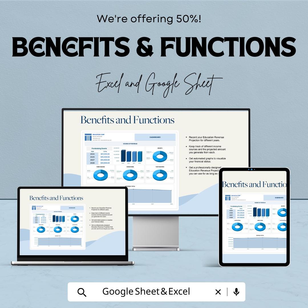 Education Revenue Projection Template | Automated Dashboard | Income Grants Donations Tracker | Financial Projection Template