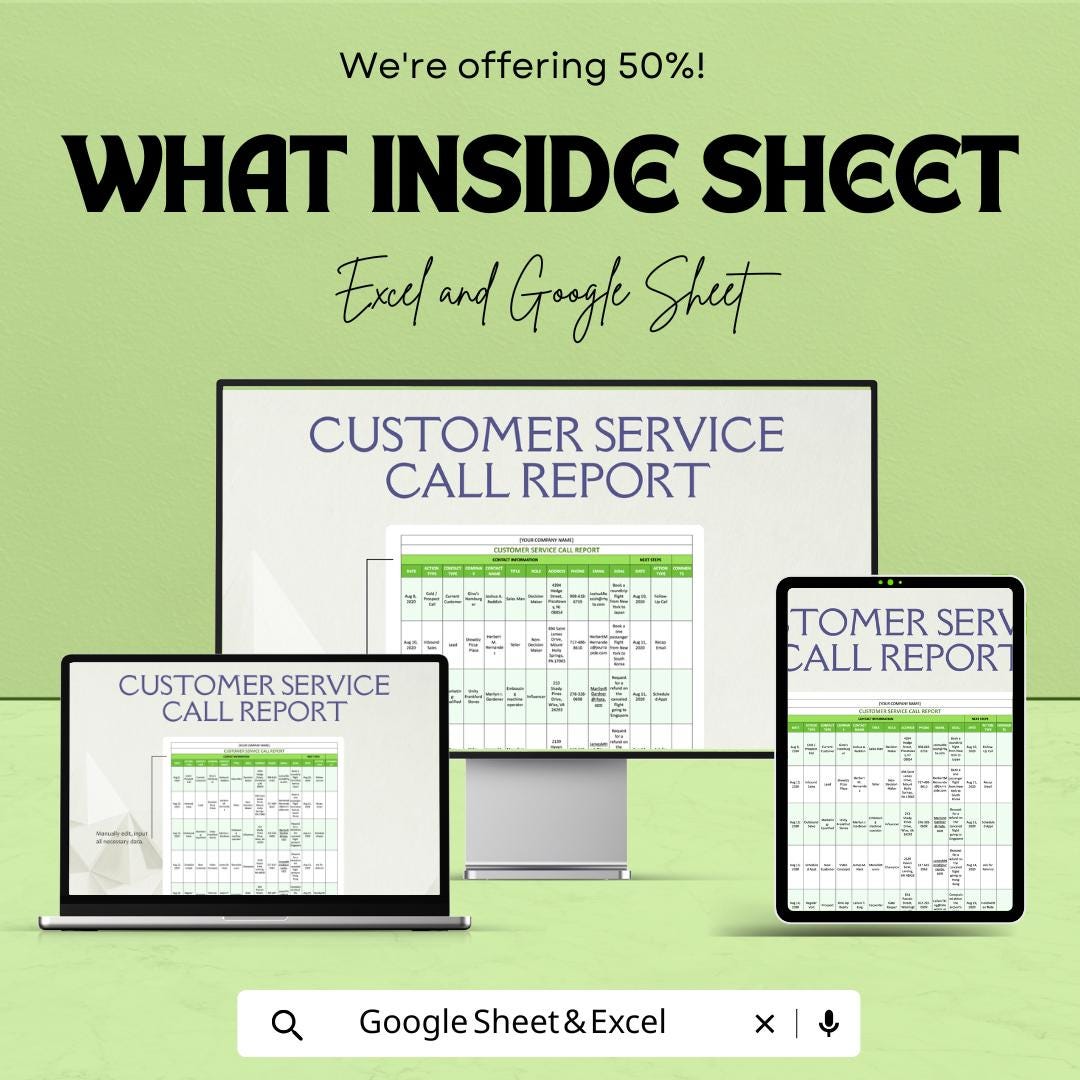 Customer Service Call Report Template - Excel & Google Sheets - Track Customer Interactions, Editable, Instant Download