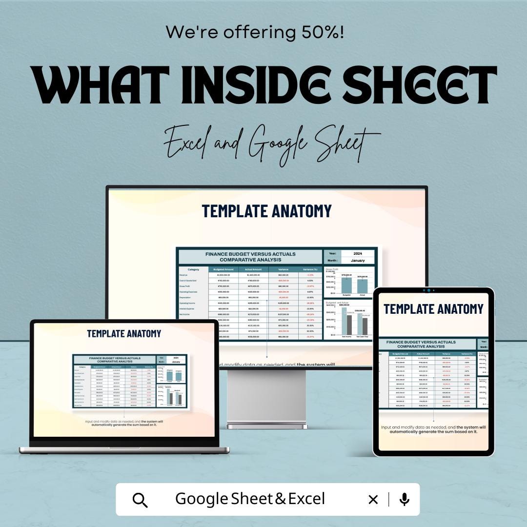 Finance Budget vs Actuals Comparative Analysis Sheet - Excel and Google Sheets Template for Financial Planning & Budget Tracking
