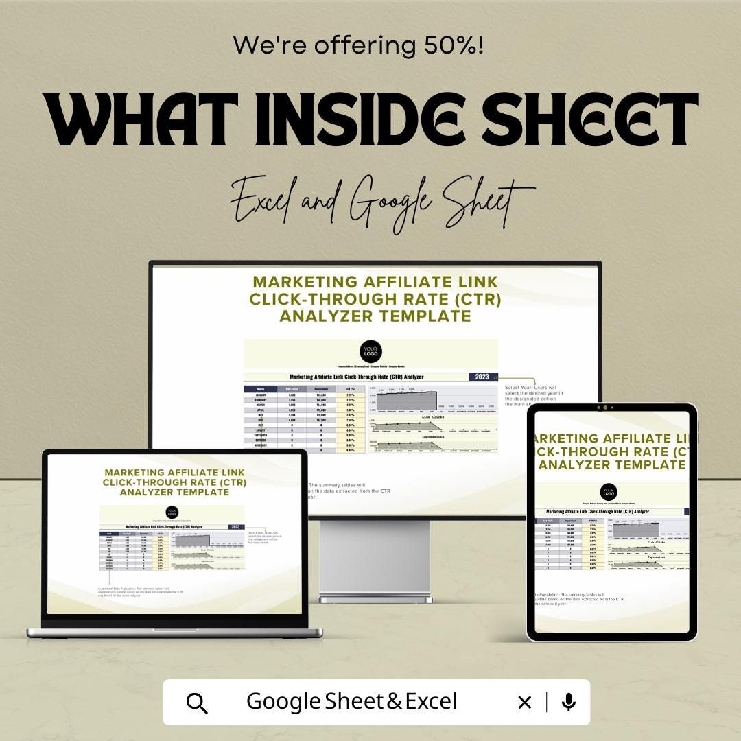Marketing Affiliate CTR Analyzer Template | Affiliate Link Analytics | CTR Dashboard Spreadsheet | Marketing Performance Template