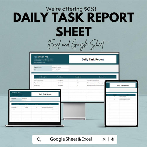 Daily Task Report Sheet for Excel and Google Sheets – 50% Off – Productivity Tracker & Task Management Template