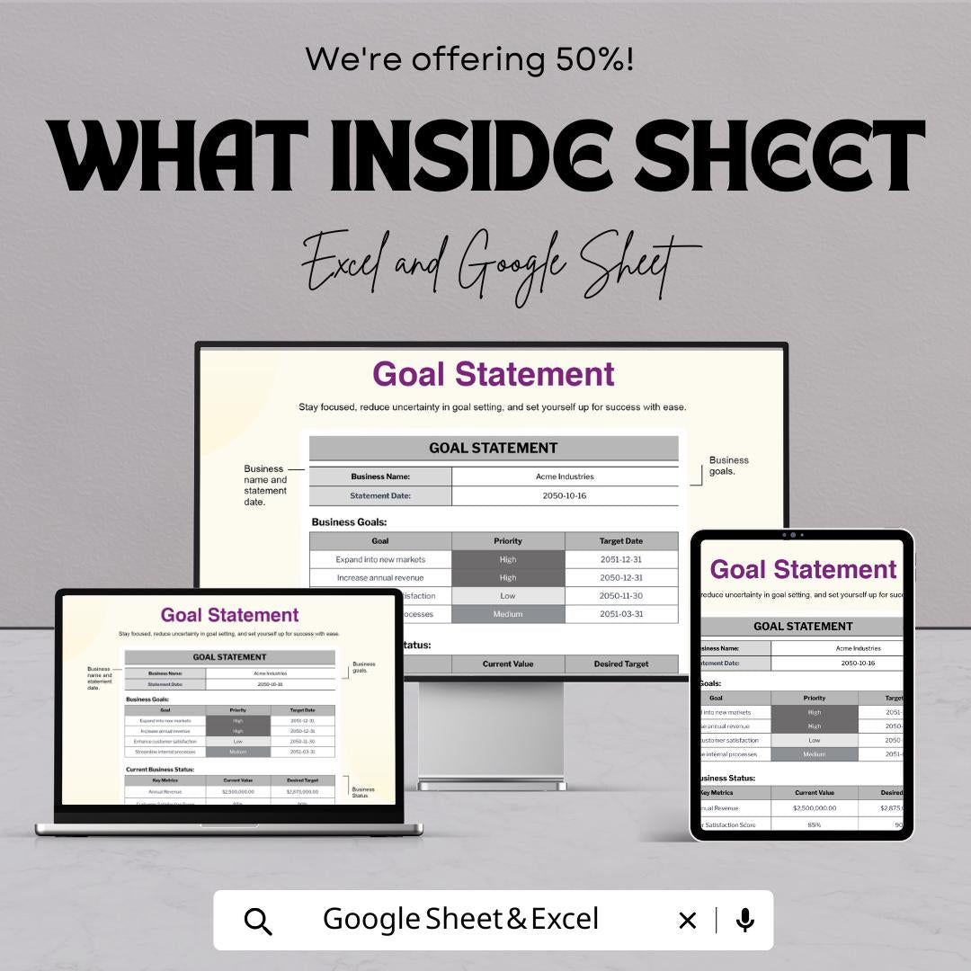 Goal Statement Template - Business Goal Setting Google Sheets Template, Track Priorities and Targets, Instant Download, Financial Planning