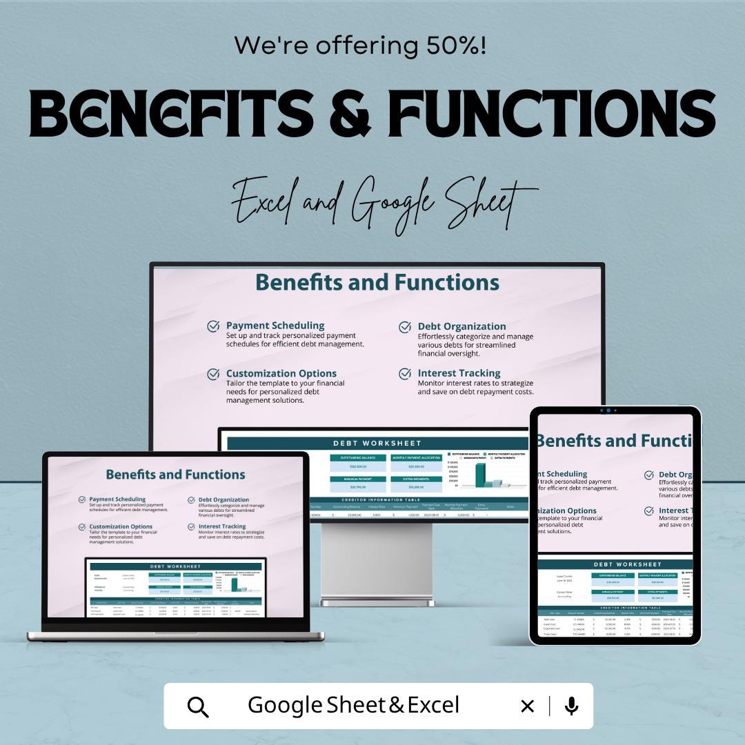 Debt Worksheet Template | Debt Tracker Spreadsheet | Debt Payoff Planner | Excel & Google Sheets | Financial Budget Sheet | Personal