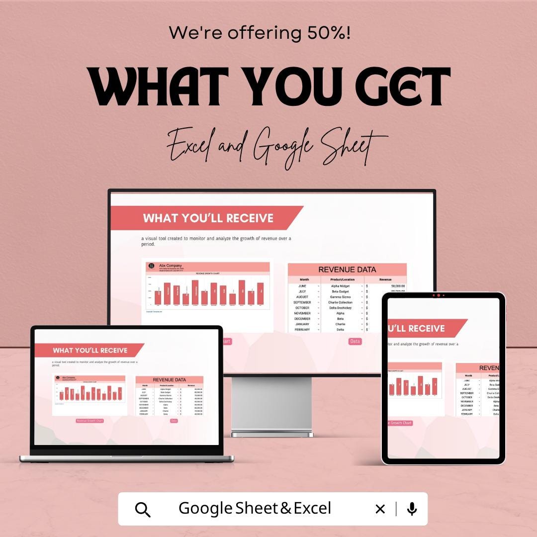 Revenue Growth Chart Template Excel | Sales Growth Tracker Google Sheets | Business Revenue Dashboard | Monthly Sales Chart |
